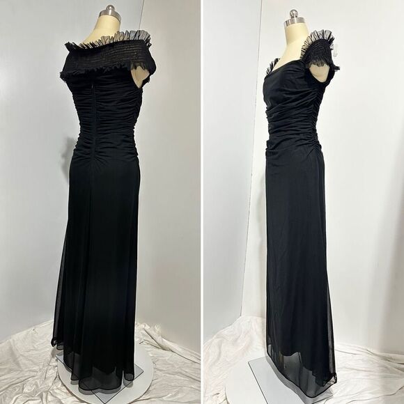 Vtg Tadashi Black Mesh Ruched Maxi Dress S Gothic Vampire Fairygoth Witchy - Picture 3 of 12